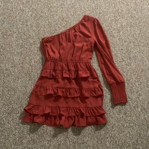 Blue blush red/orange one shoulder ruffle wrap dress. Size medium.